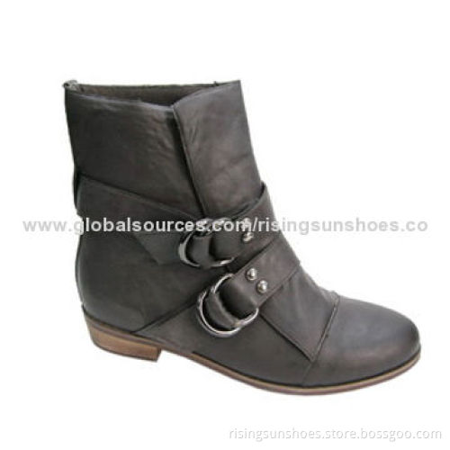Women's dress boots with flat sole, metal buckles and tapes bond at upper, OEM welcome